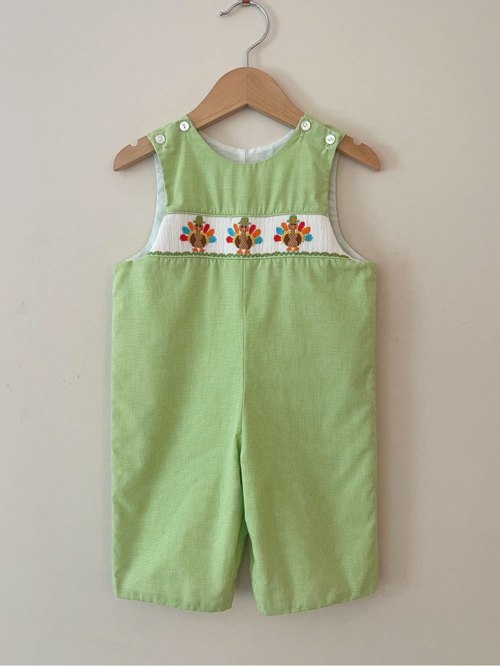 PETIT BEBE EUC Hand Smocked Turkey Thanksgiving Gingham Longall